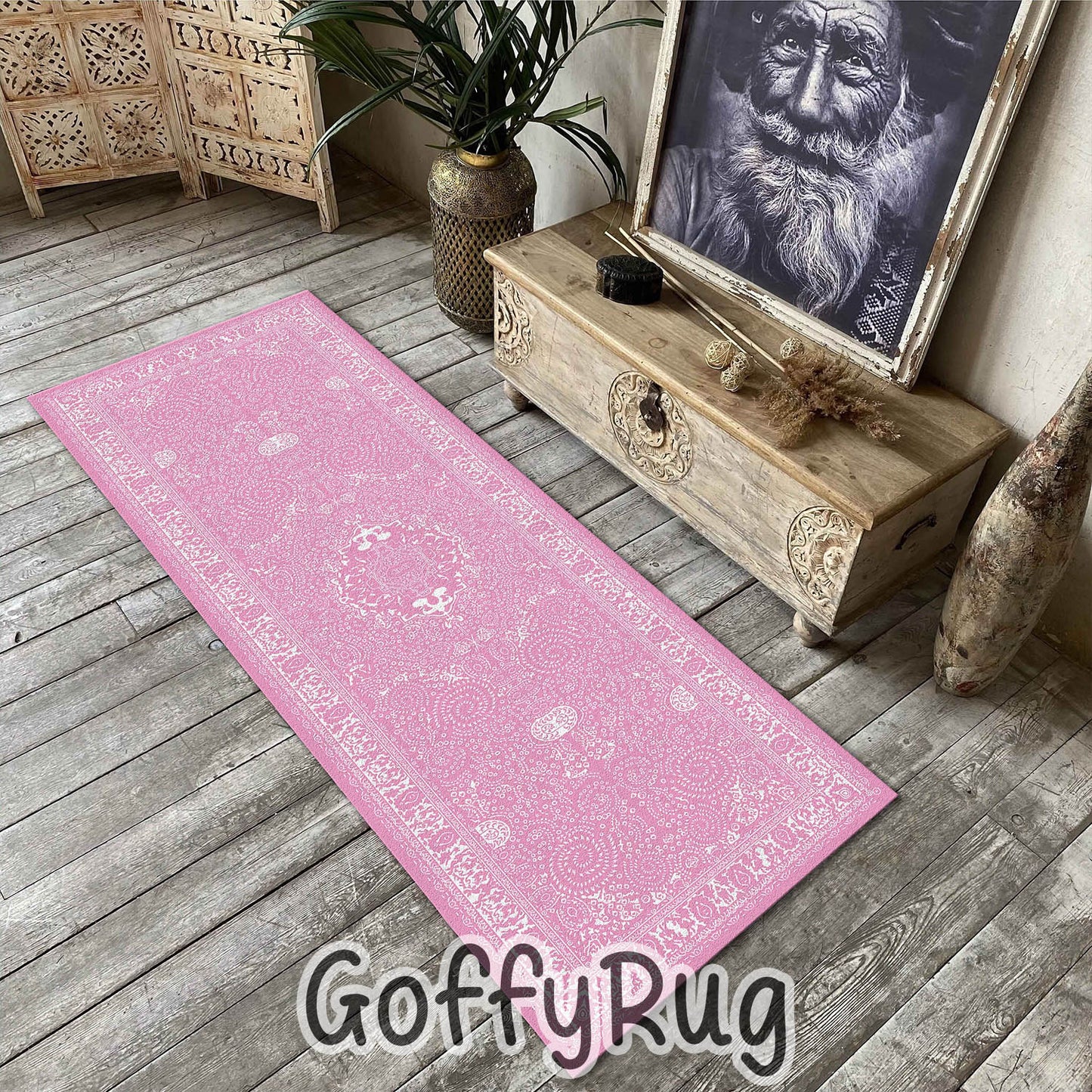 Pink and White Boho Chic Medallion Runner Rugs Ethnic Carpet Non-Slip Washable Bohemian Mat for Living Room Bedroom Kitchen Decor