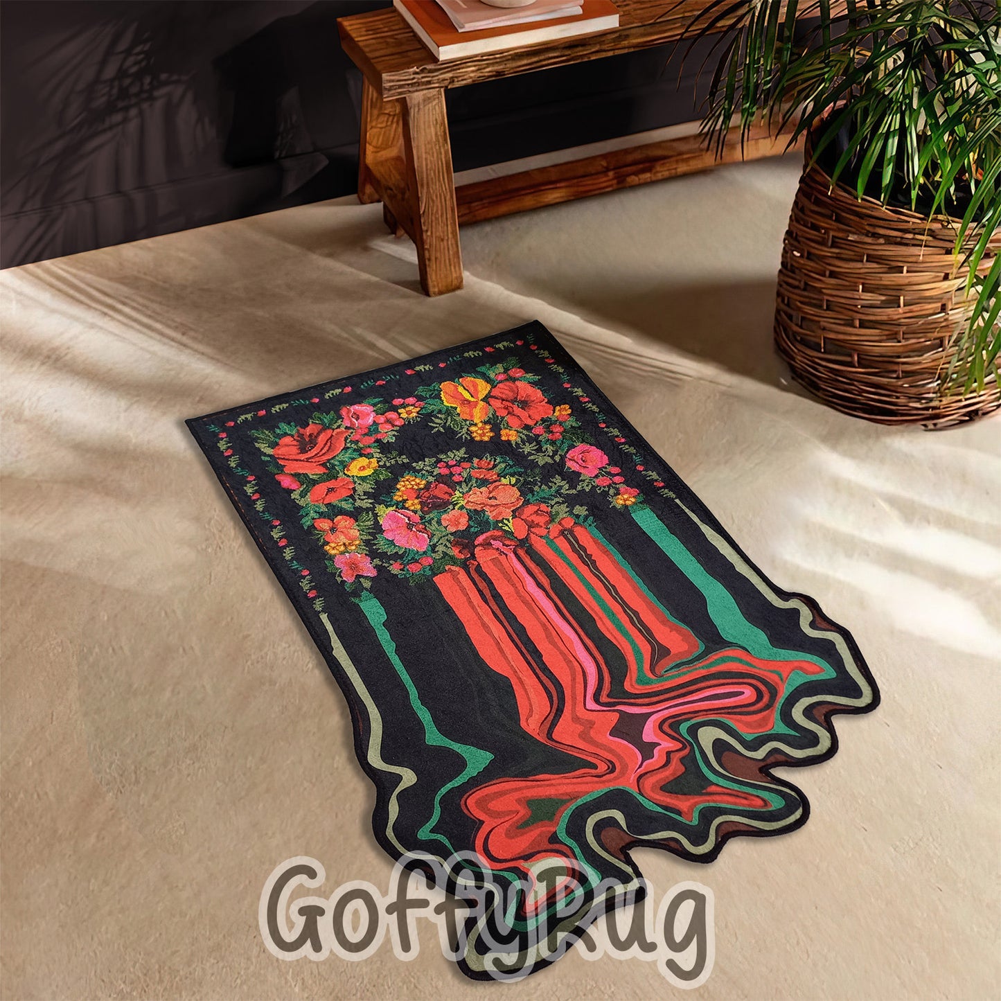 Black and Red Melting Rug Boho Chic Medallion Bohemian Carpet for Living Room Bedroom Kitchen Liquify Floral Aesthetic Mat Home Decor Gift
