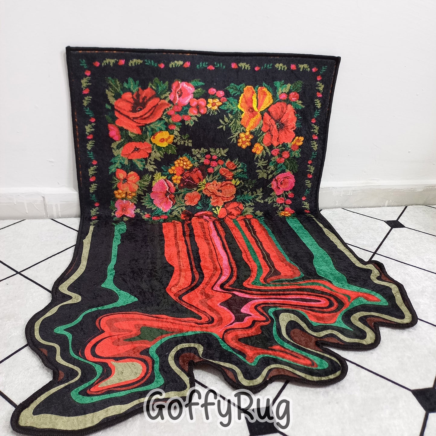 Black and Red Melting Rug Boho Chic Medallion Bohemian Carpet for Living Room Bedroom Kitchen Liquify Floral Aesthetic Mat Home Decor Gift