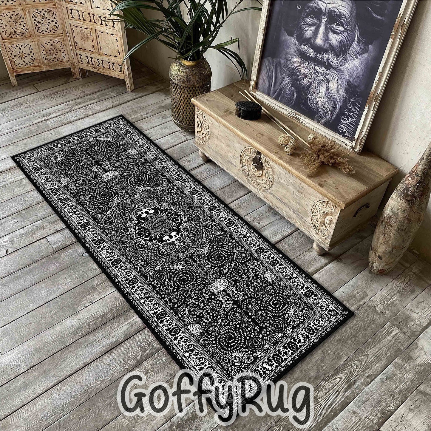 Black and White Boho Chic Medallion Runner Rugs Ethnic Carpet Non-Slip Washable Bohemian Mat for Living Room Bedroom Kitchen Decor