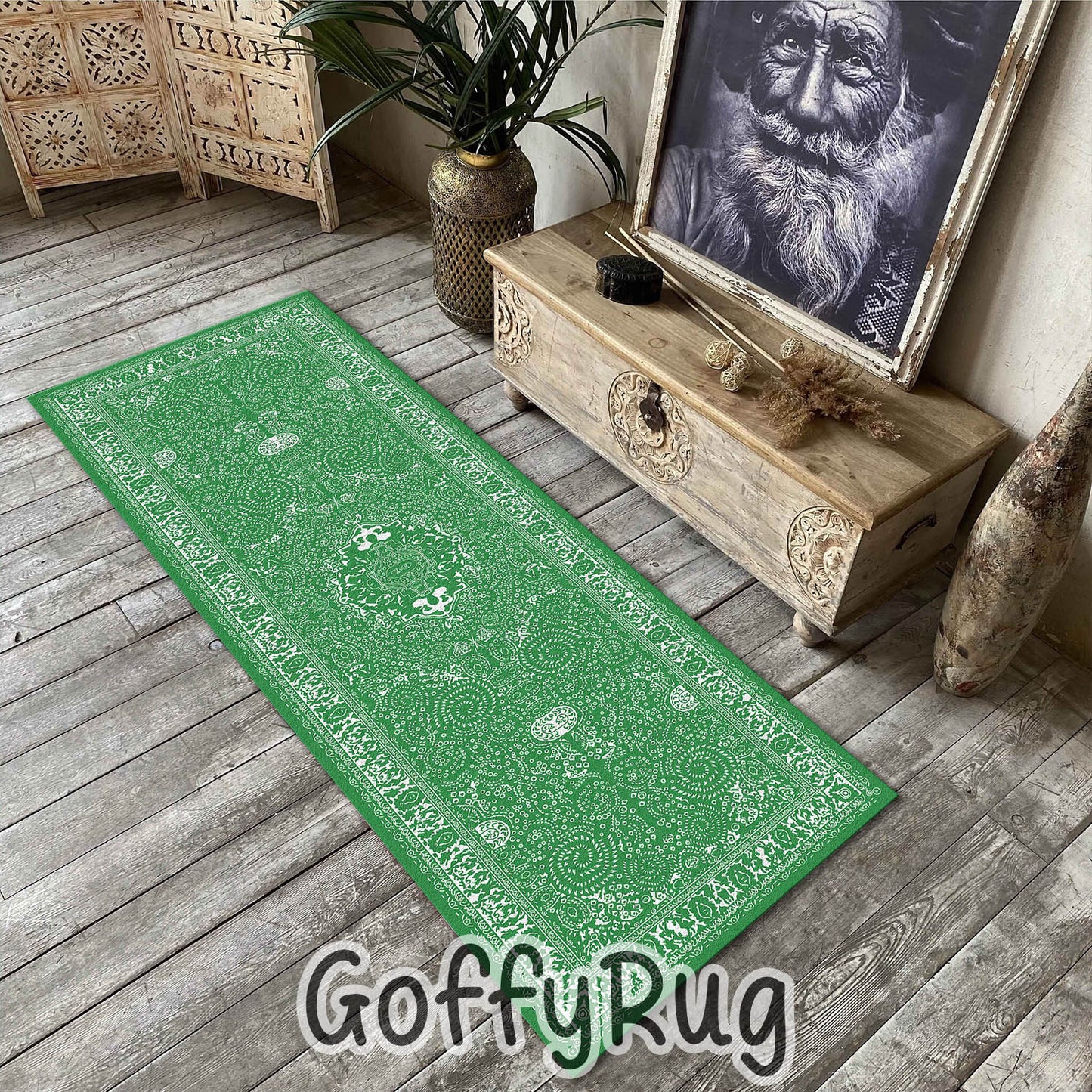 Green and White Boho Chic Medallion Runner Rugs Ethnic Carpet Non-Slip Washable Bohemian Mat for Living Room Bedroom Kitchen Decor