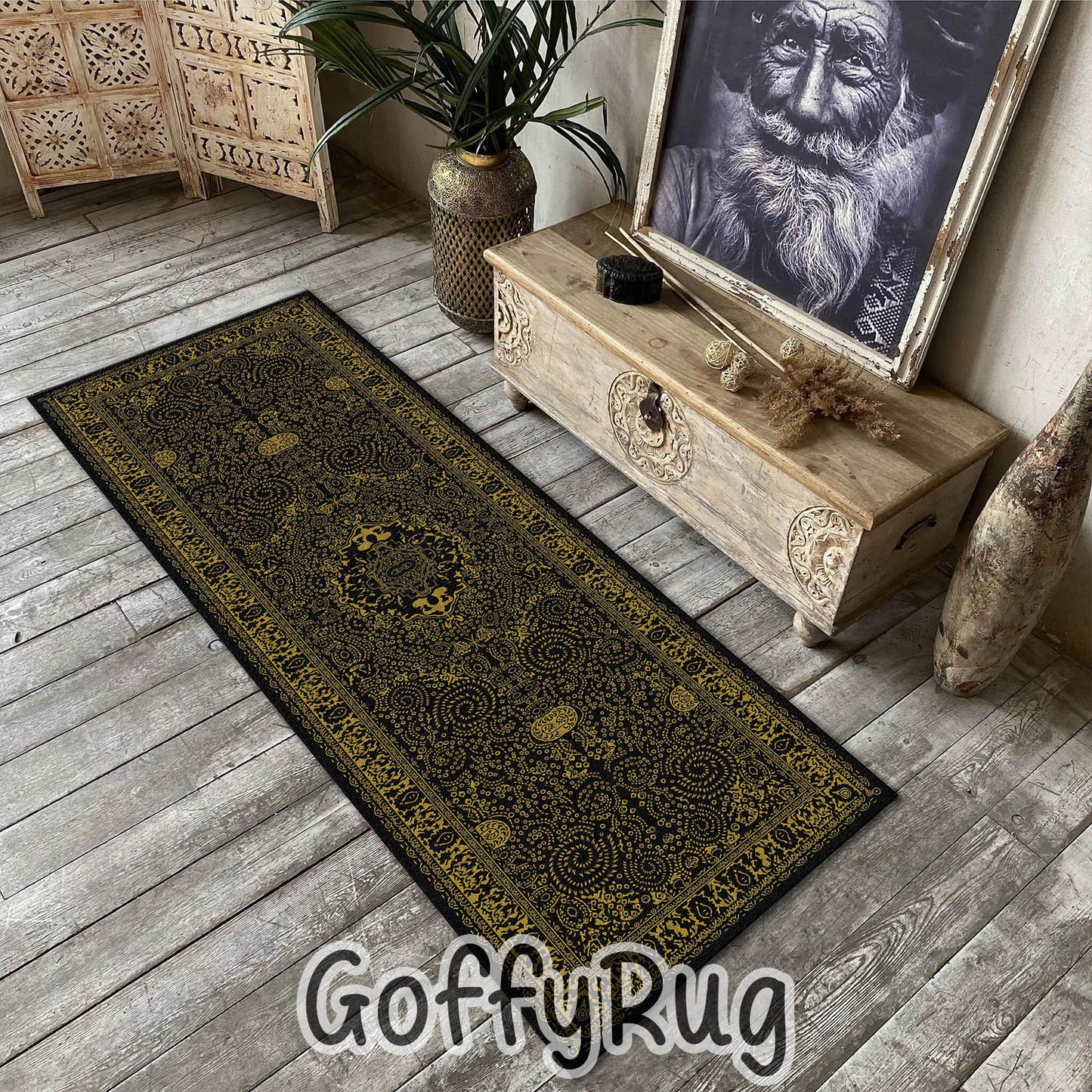Black and Gold Boho Chic Medallion Runner Rugs Ethnic Carpet Non-Slip Washable Bohemian Mat for Living Room Bedroom Kitchen Decor