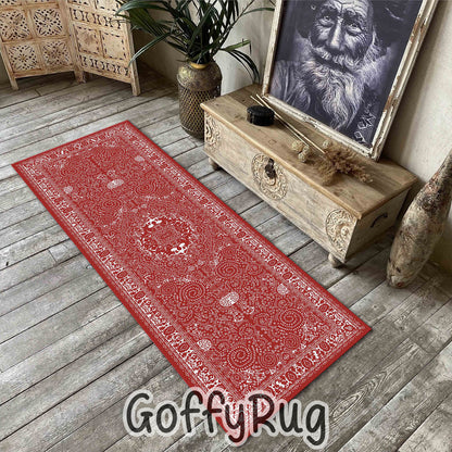Red and White Boho Chic Medallion Runner Rugs Ethnic Carpet Non-Slip Washable Bohemian Mat for Living Room Bedroom Kitchen Decor