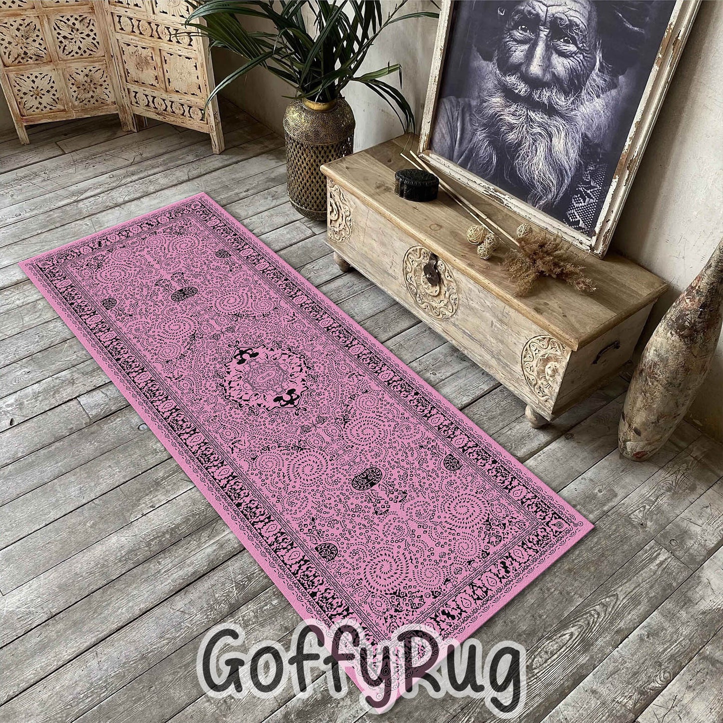 Pink and Black Boho Chic Medallion Runner Rugs Ethnic Carpet Non-Slip Washable Bohemian Mat for Living Room Bedroom Kitchen Decor