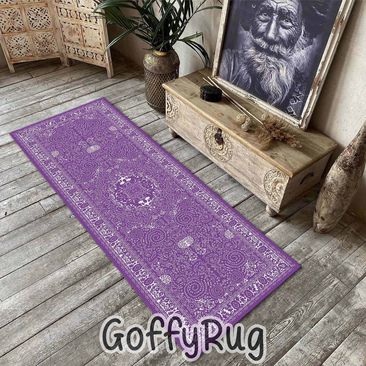 Purple and White Boho Chic Medallion Runner Rugs Ethnic Carpet Non-Slip Washable Bohemian Mat for Living Room Bedroom Kitchen Decor