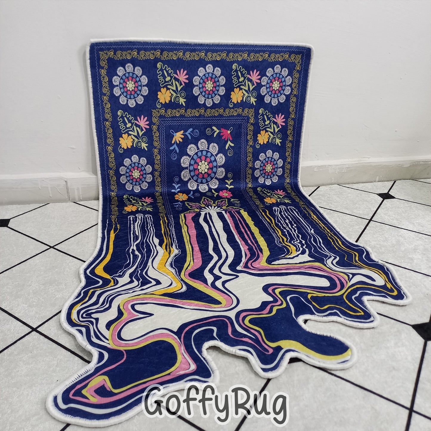 Blue Melting Rug Boho Chic Medallion Bohemian Carpet for Living Room Bedroom Kitchen Liquify Floral Aesthetic Mat Home Decor Gift