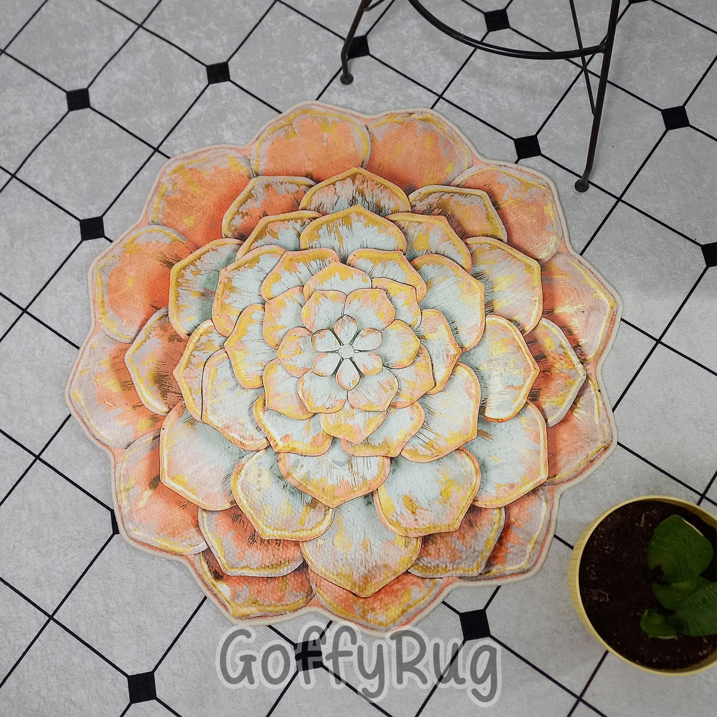 Lotus Flower Shaped Tan Color Carpet for Bedroom Kitchen Entrance Bathmat Non-Slip Washable Soft Thick Floral Mat Decor