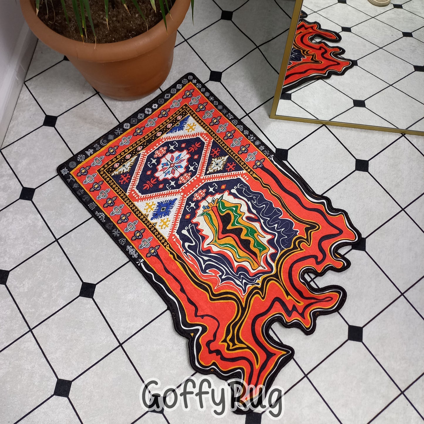 Red and Blue Persian Melting Rug Boho Chic Medallion Bohemian Carpet for Living Room Bedroom Kitchen Liquify Floral Aesthetic Mat Home Decor Gift