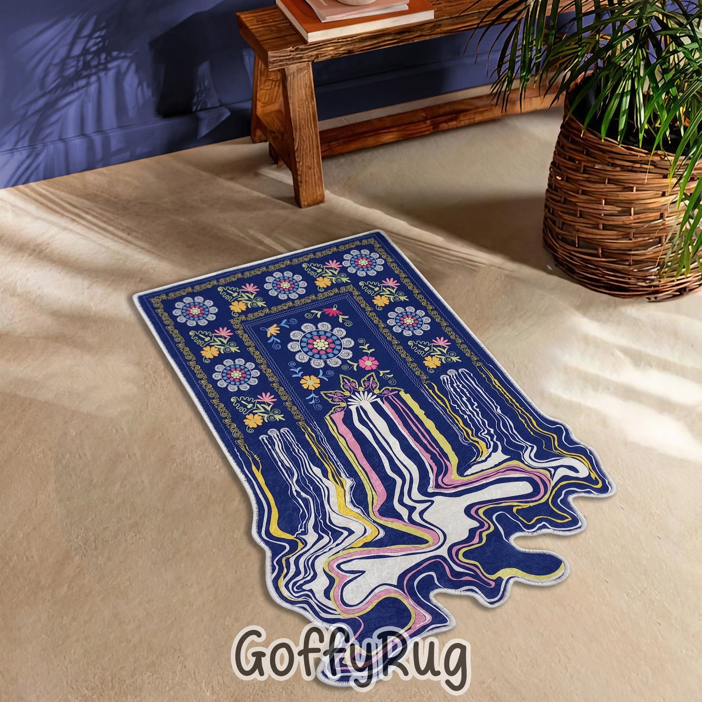 Blue Melting Rug Boho Chic Medallion Bohemian Carpet for Living Room Bedroom Kitchen Liquify Floral Aesthetic Mat Home Decor Gift