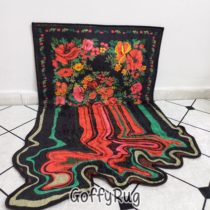 Black and Red Melting Rug Boho Chic Medallion Bohemian Carpet for Living Room Bedroom Kitchen Liquify Floral Aesthetic Mat Home Decor Gift