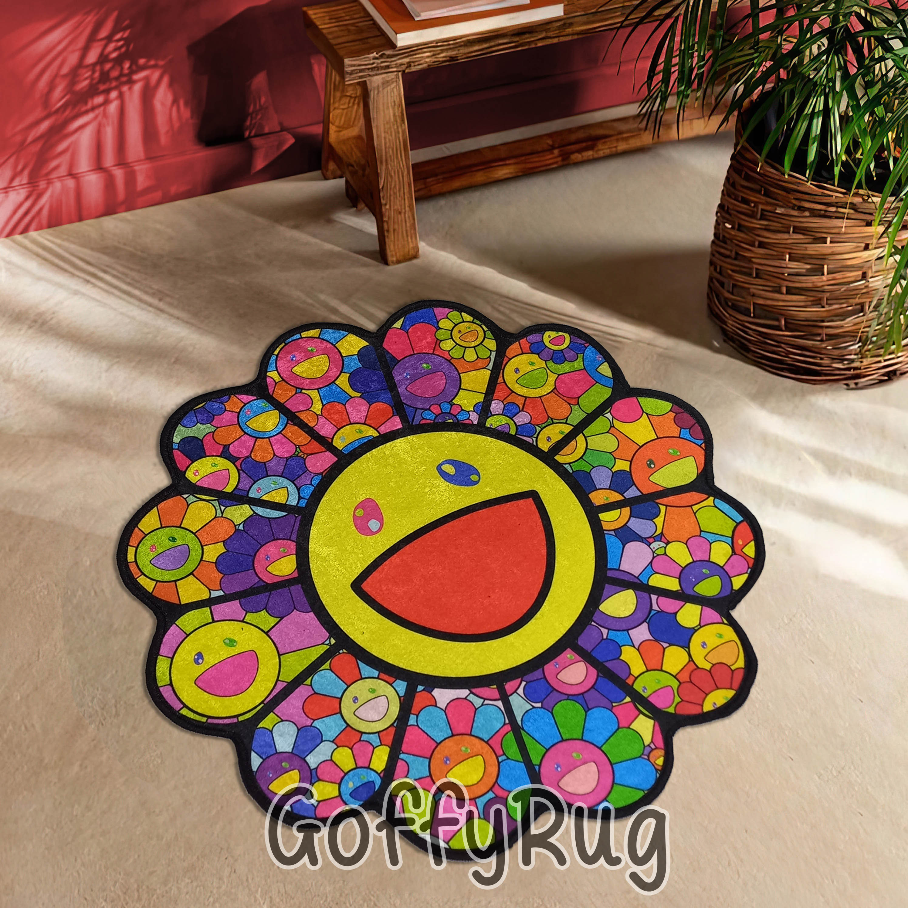 Takashi Murakami Rug Colorful Rainbow Carpet Daisy Shaped Mat