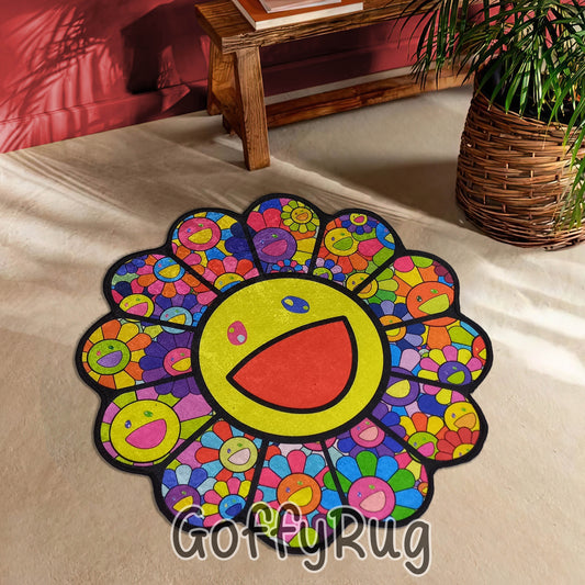 Takashi Murakami Rug Colorful Rainbow Carpet Daisy Shaped Mat Contemporary Art Pop Culture Hypebeast Decor